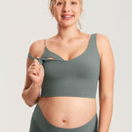 Women's V Neck Nursing Crop Tank Top Grey Sage @model_info:MOM