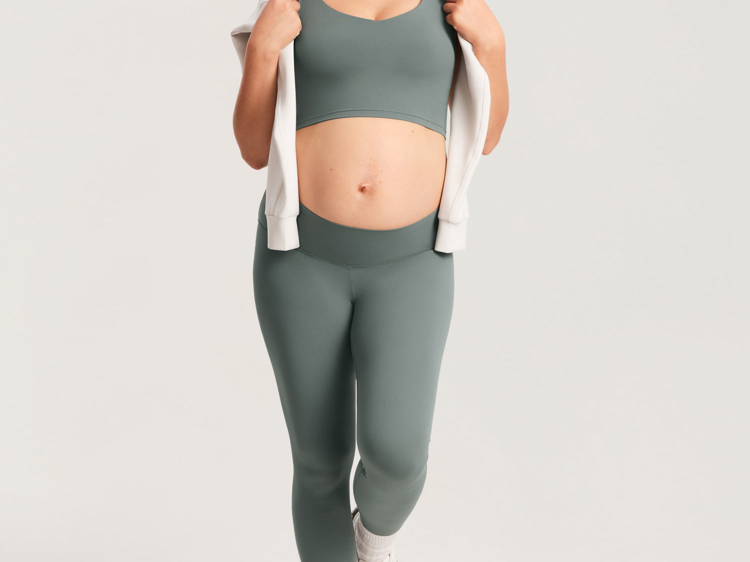 Women's V Neck Nursing Crop Tank Top Grey Sage @model_info:MOM