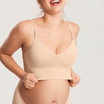 Women's Ribbed V Neck Nursing Bralette Beige @model_info:MOM3