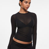 INLYRIC Women's Cosnufy® Mesh Sheer Long Sleeve Top Black