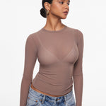 INLYRIC Women's Cosnufy® Mesh Sheer Long Sleeve Top Brown Purple