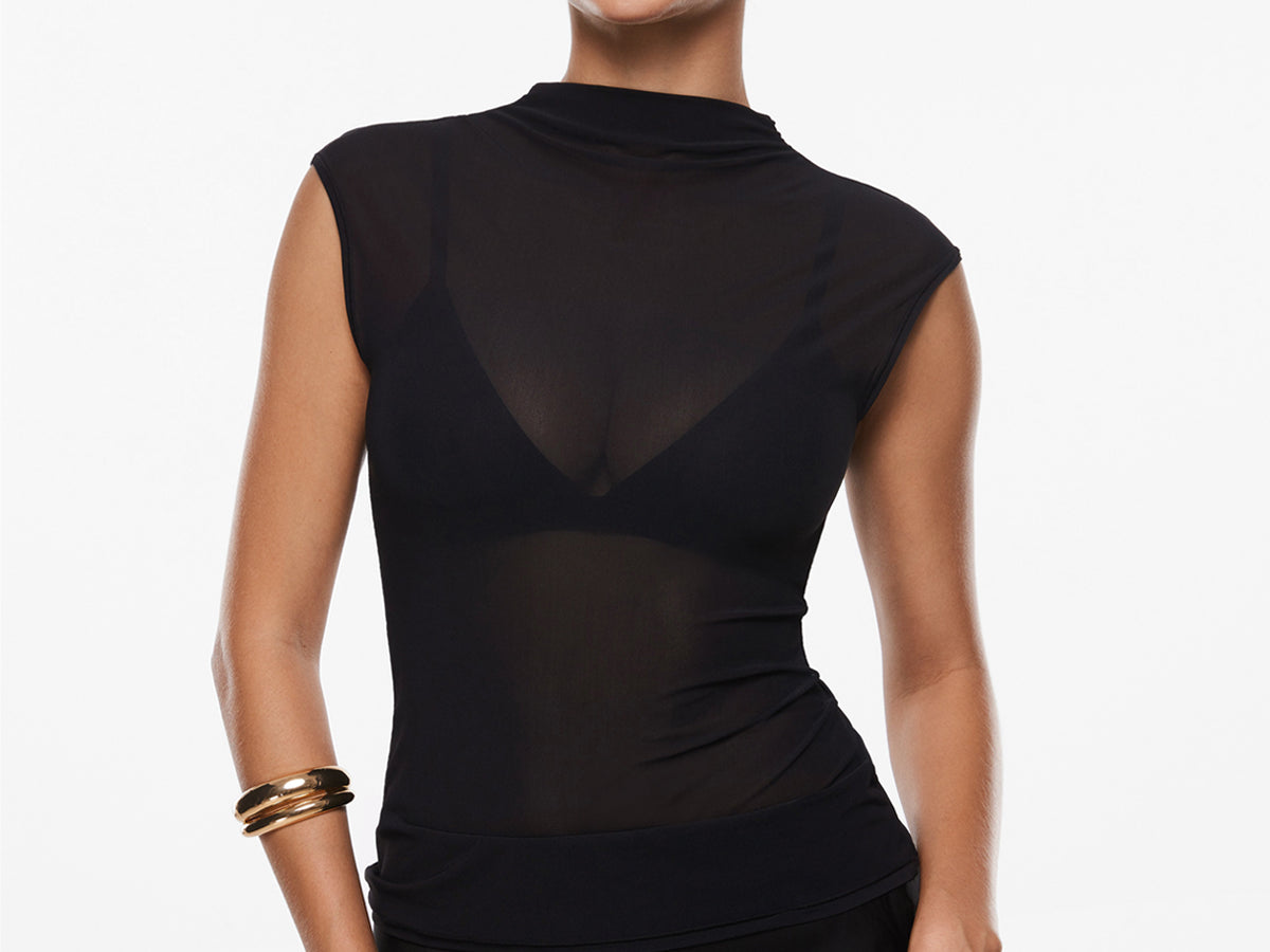 INLYRIC Cosnufy® Sheer Mesh Mock Neck Tank Top Black