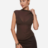 INLYRIC Cosnufy® Sheer Mesh Mock Neck Tank Top Hazelnut