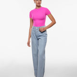 Women's Single Layer Basic Short Sleeve Top - Crew Neck Glitter Rose