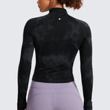 CRZ YOGA Women's Half Zip Long Sleeve Cropped Top Black Tie Dye Flowers